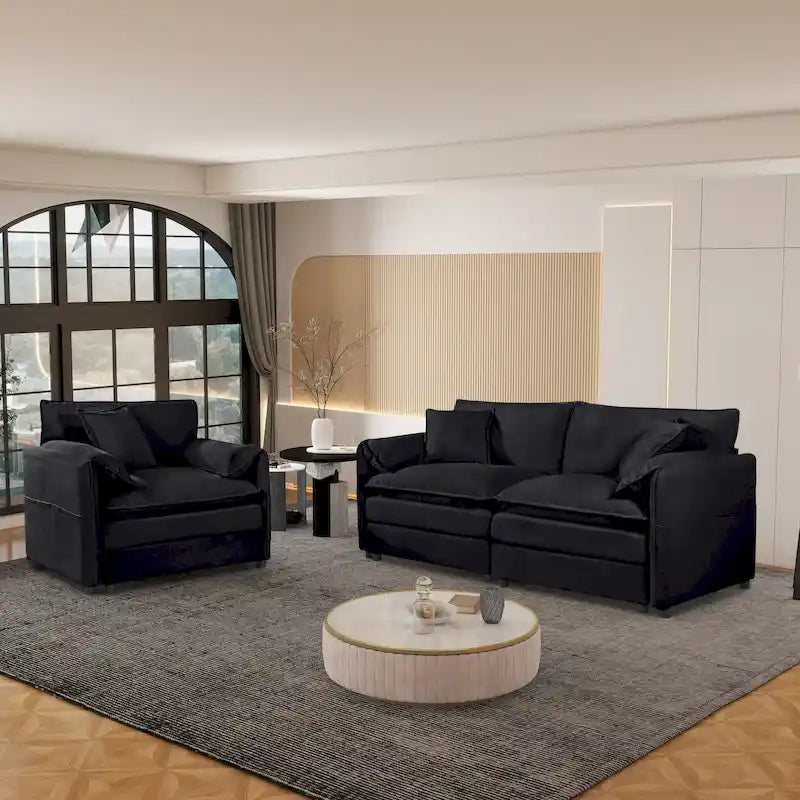 Ensemble canapé et fauteuil nuage en chenille 3 pièces avec sièges profonds et 3 oreillers