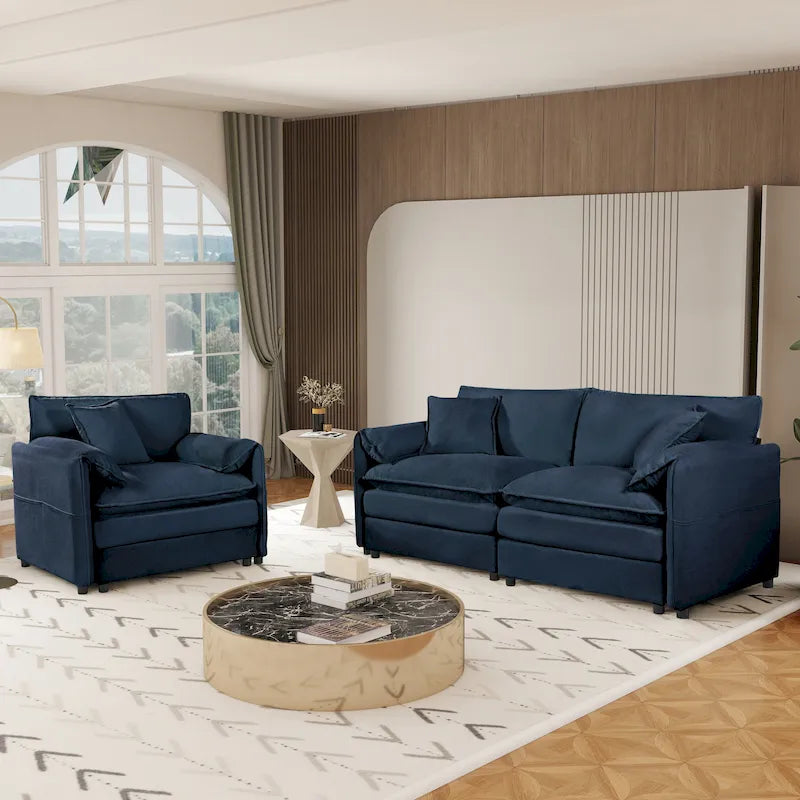 Ensemble canapé et fauteuil nuage en chenille 3 pièces avec sièges profonds et 3 oreillers