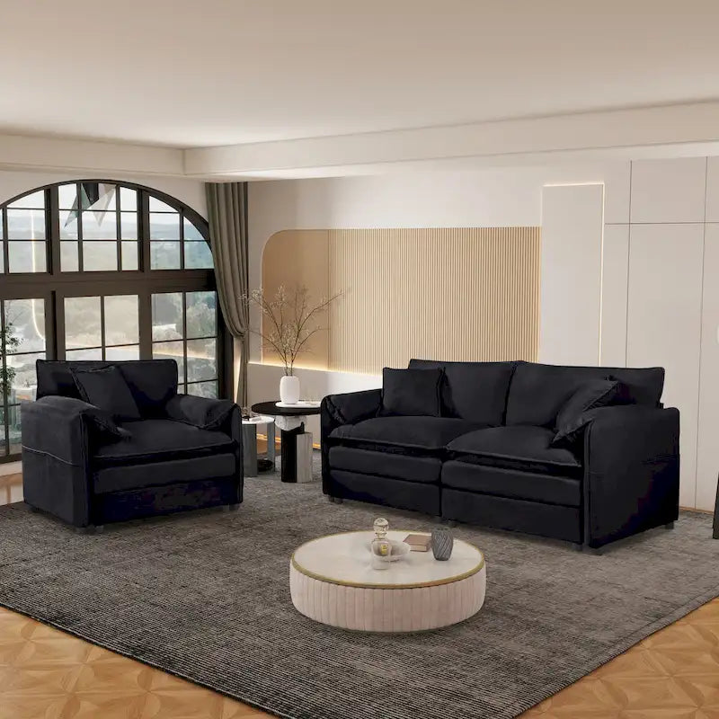 Ensemble canapé et fauteuil nuage en chenille 3 pièces avec sièges profonds et 3 oreillers