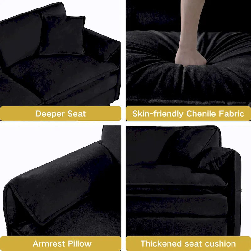 Ensemble canapé et fauteuil nuage en chenille 3 pièces avec sièges profonds et 3 oreillers