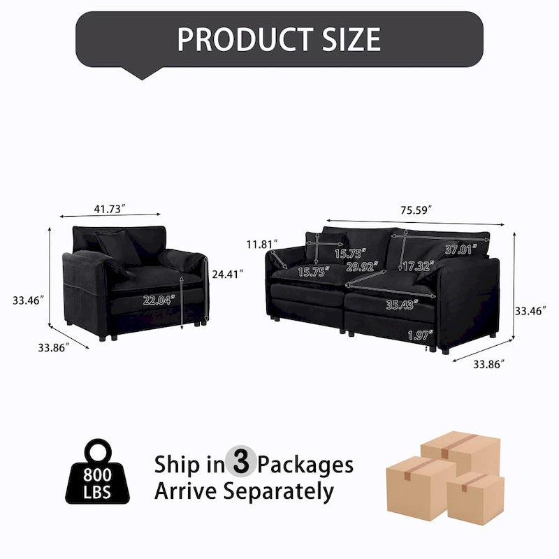 Ensemble canapé et fauteuil nuage en chenille 3 pièces avec sièges profonds et 3 oreillers