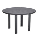Table à manger ronde avec plateau en aluminium thermolaqué au design à lattes et trou pour parasol pour les réunions de famille et les fêtes
