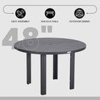 Table à manger ronde avec plateau en aluminium thermolaqué au design à lattes et trou pour parasol pour les réunions de famille et les fêtes
