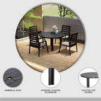 Table à manger ronde avec plateau en aluminium thermolaqué au design à lattes et trou pour parasol pour les réunions de famille et les fêtes