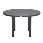 Table à manger ronde avec plateau en aluminium thermolaqué au design à lattes et trou pour parasol pour les réunions de famille et les fêtes