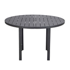 Table à manger ronde avec plateau en aluminium thermolaqué au design à lattes et trou pour parasol pour les réunions de famille et les fêtes