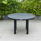 Table à manger ronde avec plateau en aluminium thermolaqué au design à lattes et trou pour parasol pour les réunions de famille et les fêtes