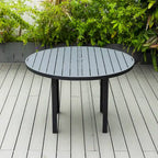 Table à manger ronde avec plateau en aluminium thermolaqué au design à lattes et trou pour parasol pour les réunions de famille et les fêtes