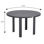 Table à manger ronde avec plateau en aluminium thermolaqué au design à lattes et trou pour parasol pour les réunions de famille et les fêtes
