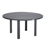 Table à manger ronde avec plateau en aluminium thermolaqué au design à lattes et trou pour parasol pour les réunions de famille et les fêtes