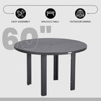 Table à manger ronde avec plateau en aluminium thermolaqué au design à lattes et trou pour parasol pour les réunions de famille et les fêtes