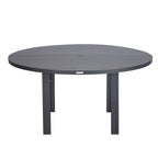 Table à manger ronde avec plateau en aluminium thermolaqué au design à lattes et trou pour parasol pour les réunions de famille et les fêtes