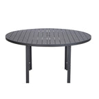 Table à manger ronde avec plateau en aluminium thermolaqué au design à lattes et trou pour parasol pour les réunions de famille et les fêtes