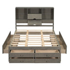 Lit moderne queen size gris en bois avec tête de lit de rangement et 8 tiroirs