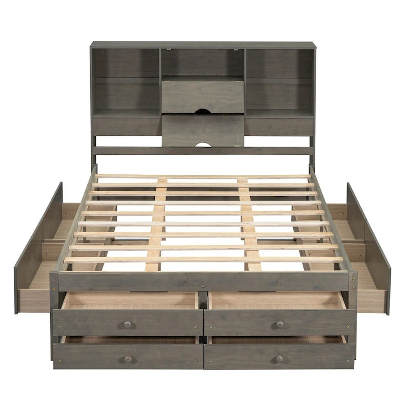 Lit moderne queen size gris en bois avec tête de lit de rangement et 8 tiroirs