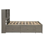 Lit moderne queen size gris en bois avec tête de lit de rangement et 8 tiroirs