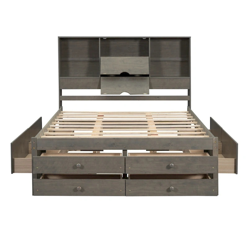 Lit moderne queen size gris en bois avec tête de lit de rangement et 8 tiroirs