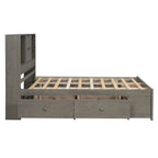 Lit moderne queen size gris en bois avec tête de lit de rangement et 8 tiroirs