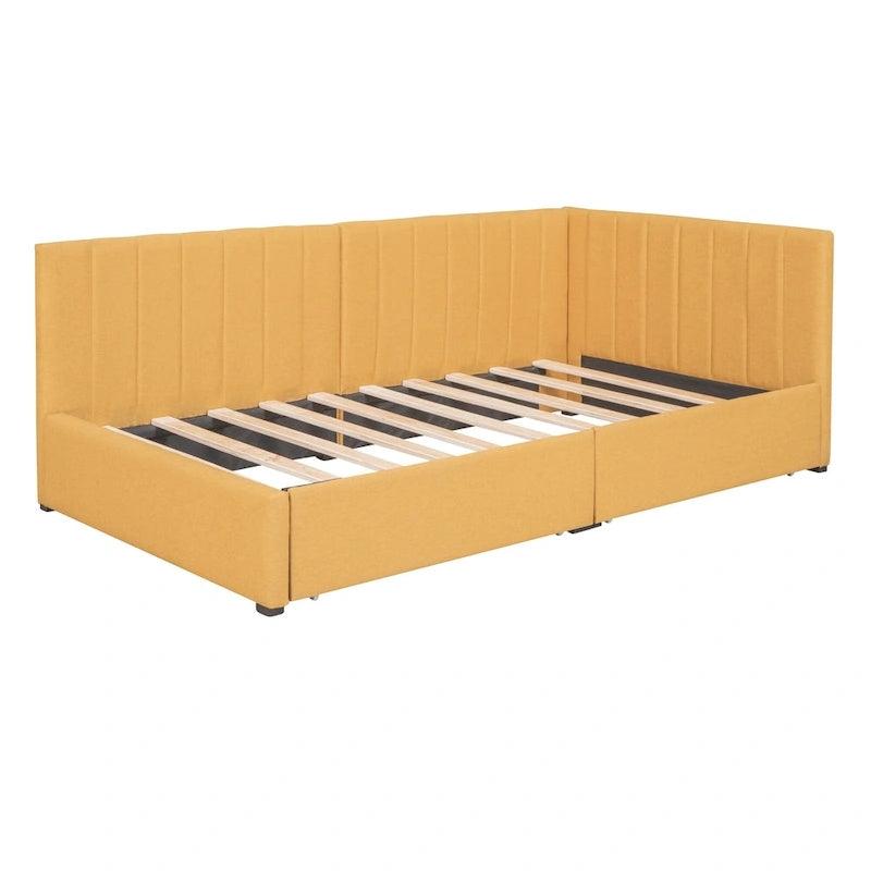 Lit de repos double tapissé en lin jaune avec tiroirs de rangement - Aucun sommier tapissier requis