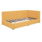 Lit de repos double tapissé en lin jaune avec tiroirs de rangement - Aucun sommier tapissier requis