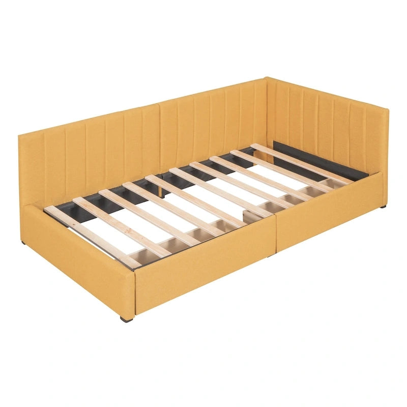 Lit de repos double tapissé en lin jaune avec tiroirs de rangement - Aucun sommier tapissier requis