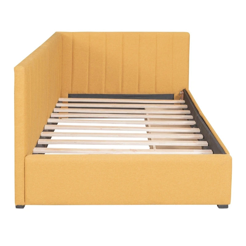 Lit de repos double tapissé en lin jaune avec tiroirs de rangement - Aucun sommier tapissier requis