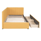 Lit de repos double tapissé en lin jaune avec tiroirs de rangement - Aucun sommier tapissier requis