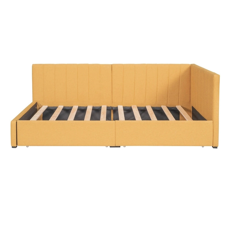 Lit de repos double tapissé en lin jaune avec tiroirs de rangement - Aucun sommier tapissier requis