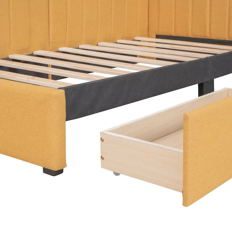 Lit de repos double tapissé en lin jaune avec tiroirs de rangement - Aucun sommier tapissier requis