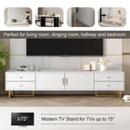 Meuble TV moderne blanc de 70 po avec rangement et tiroirs pour téléviseurs jusqu'à 65 po
