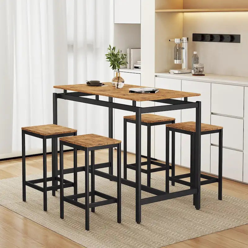 Ensemble table de bar industrielle 5 pièces avec table rectangulaire et 4 chaises