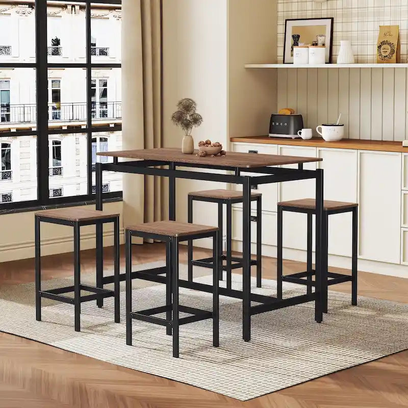 Ensemble table de bar industrielle 5 pièces avec table rectangulaire et 4 chaises