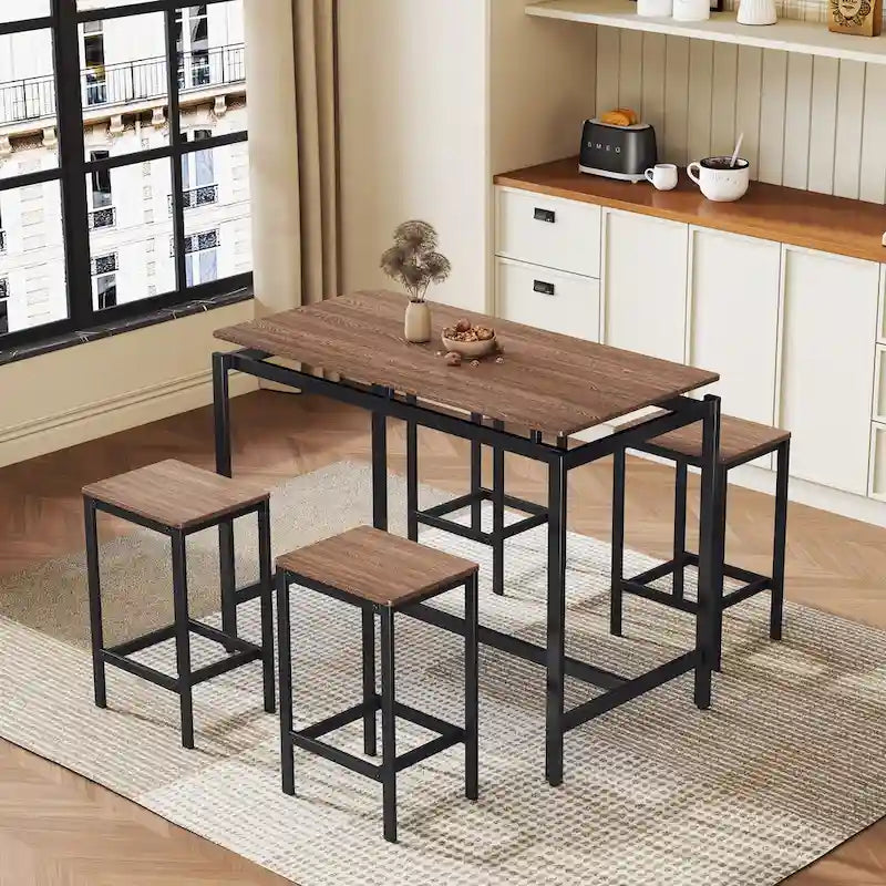 Ensemble table de bar industrielle 5 pièces avec table rectangulaire et 4 chaises