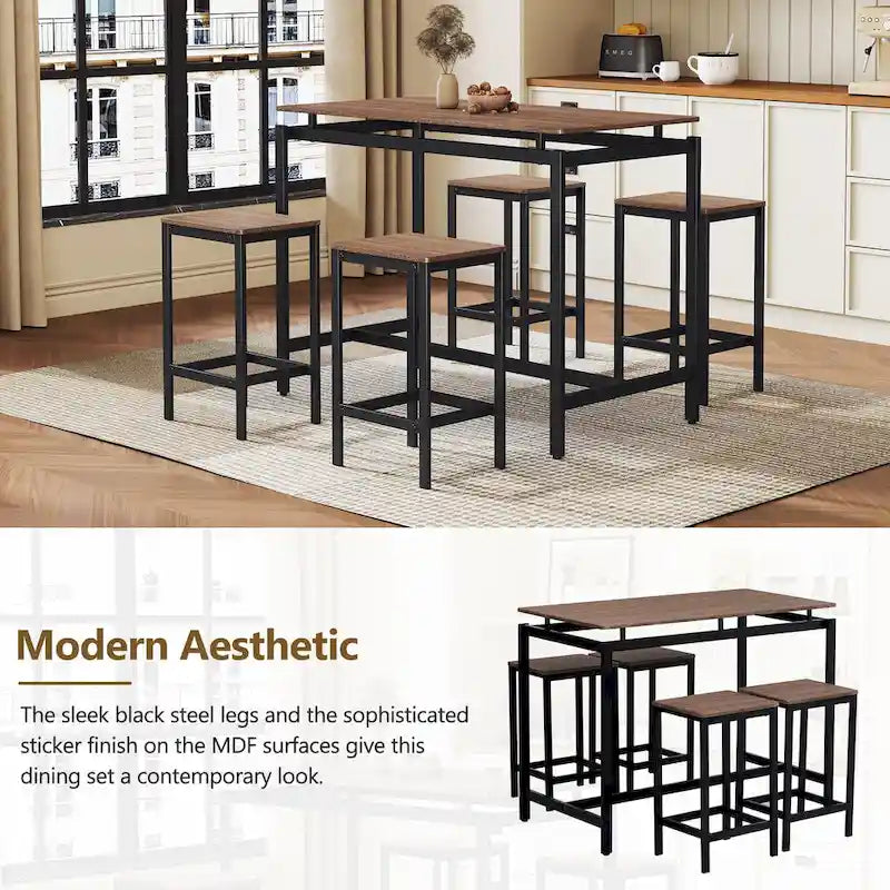 Ensemble table de bar industrielle 5 pièces avec table rectangulaire et 4 chaises
