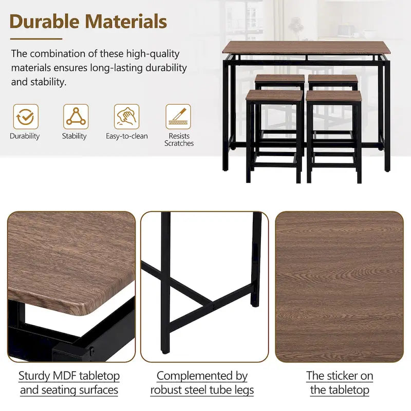 Ensemble table de bar industrielle 5 pièces avec table rectangulaire et 4 chaises