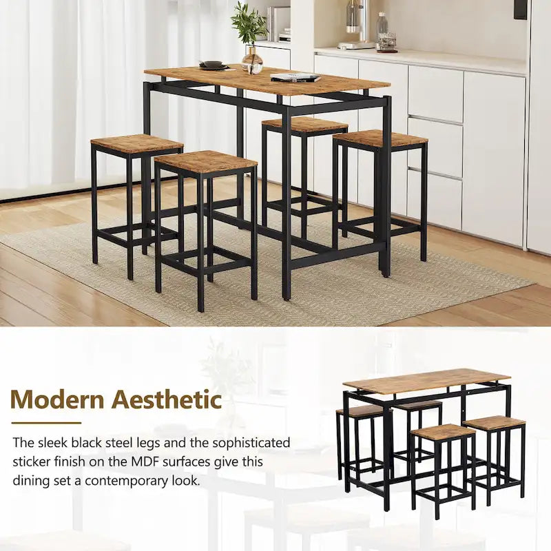 Ensemble table de bar industrielle 5 pièces avec table rectangulaire et 4 chaises