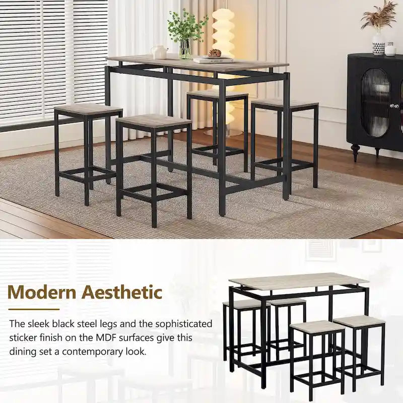 Ensemble table de bar industrielle 5 pièces avec table rectangulaire et 4 chaises