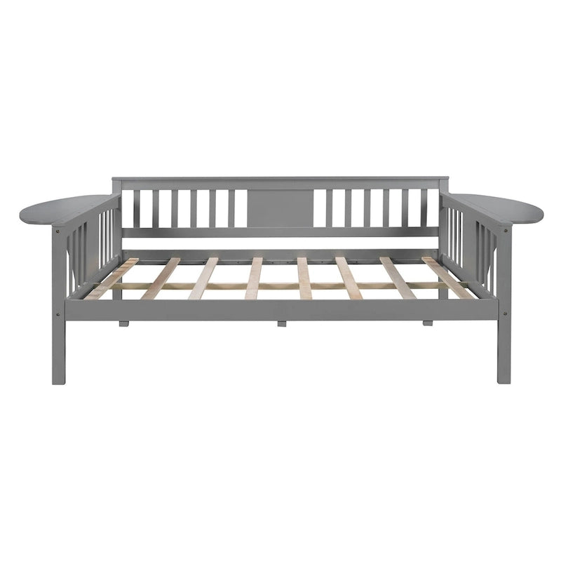 Lit de repos gris pleine grandeur en bois avec étagère de rangement et rampe – Aucun sommier tapissier requis