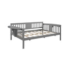 Lit de repos gris pleine grandeur en bois avec étagère de rangement et rampe – Aucun sommier tapissier requis
