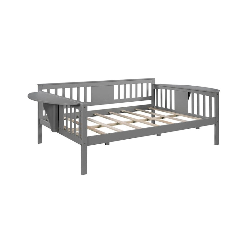Lit de repos gris pleine grandeur en bois avec étagère de rangement et rampe – Aucun sommier tapissier requis