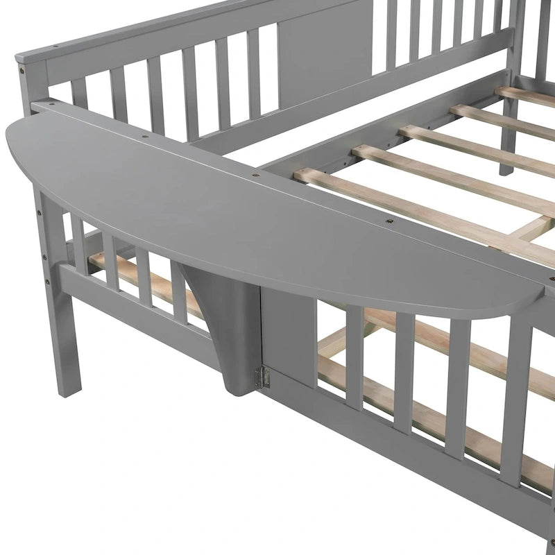 Lit de repos gris pleine grandeur en bois avec étagère de rangement et rampe – Aucun sommier tapissier requis
