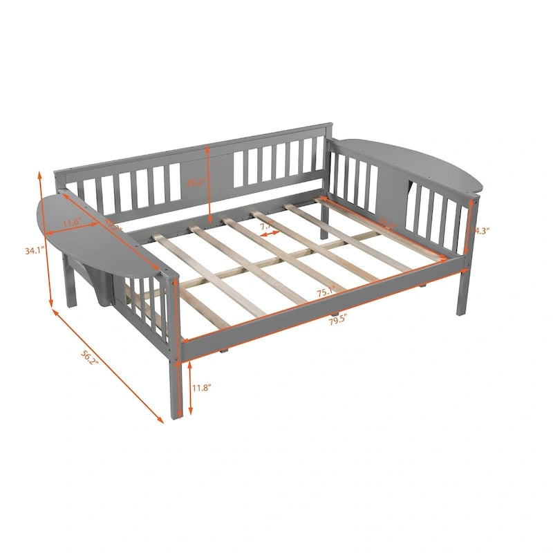 Lit de repos gris pleine grandeur en bois avec étagère de rangement et rampe – Aucun sommier tapissier requis