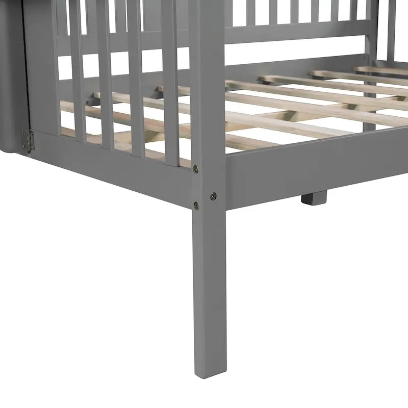 Lit de repos gris pleine grandeur en bois avec étagère de rangement et rampe – Aucun sommier tapissier requis