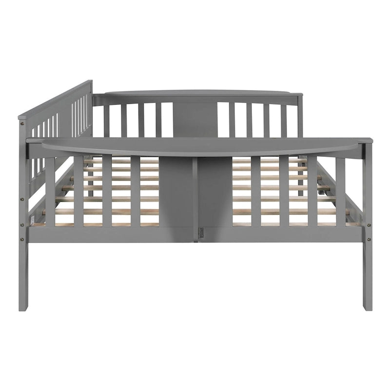 Lit de repos gris pleine grandeur en bois avec étagère de rangement et rampe – Aucun sommier tapissier requis