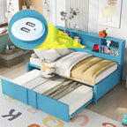 Lit de repos double en métal bleu avec lit gigogne, étagères de rangement et ports USB - Pas besoin de sommier tapissier