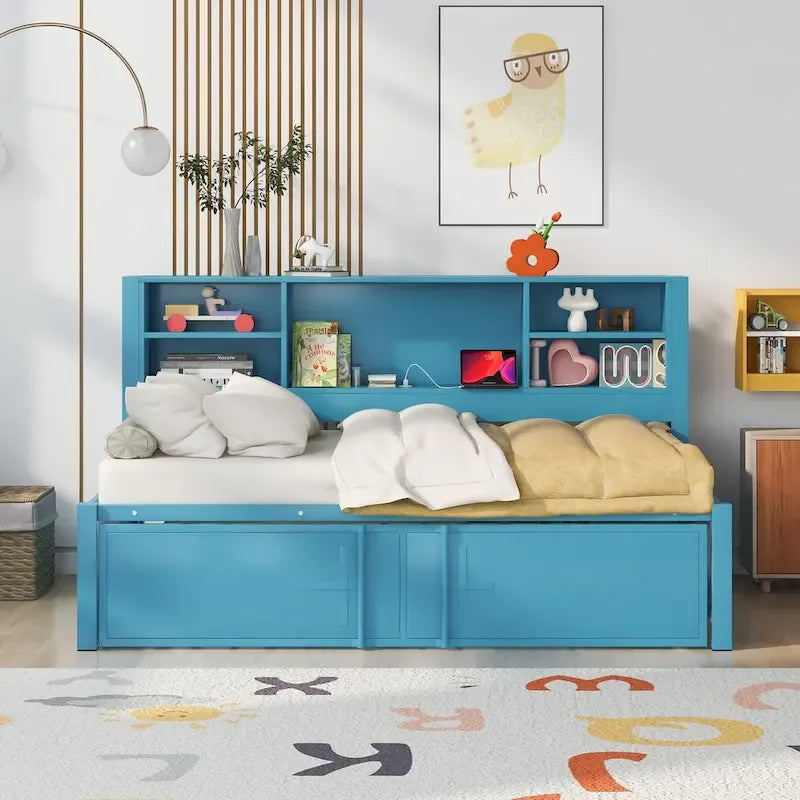 Lit de repos double en métal bleu avec lit gigogne, étagères de rangement et ports USB - Pas besoin de sommier tapissier