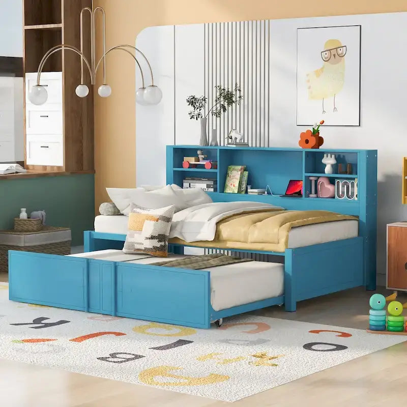 Lit de repos double en métal bleu avec lit gigogne, étagères de rangement et ports USB - Pas besoin de sommier tapissier