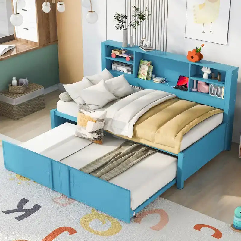 Lit de repos double en métal bleu avec lit gigogne, étagères de rangement et ports USB - Pas besoin de sommier tapissier