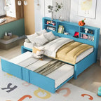 Lit de repos double en métal bleu avec lit gigogne, étagères de rangement et ports USB - Pas besoin de sommier tapissier