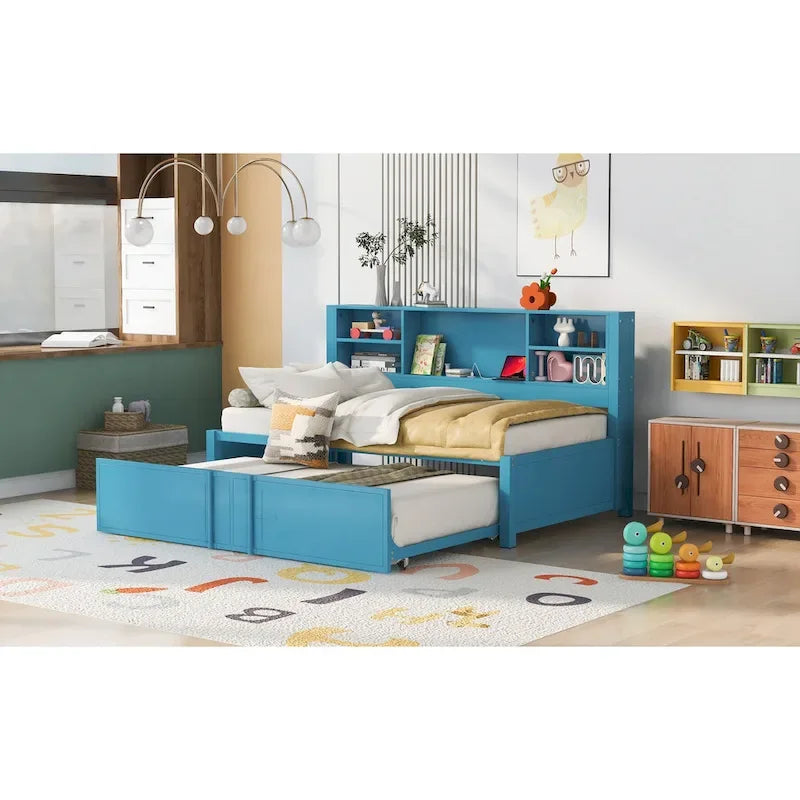 Lit de repos double en métal bleu avec lit gigogne, étagères de rangement et ports USB - Pas besoin de sommier tapissier